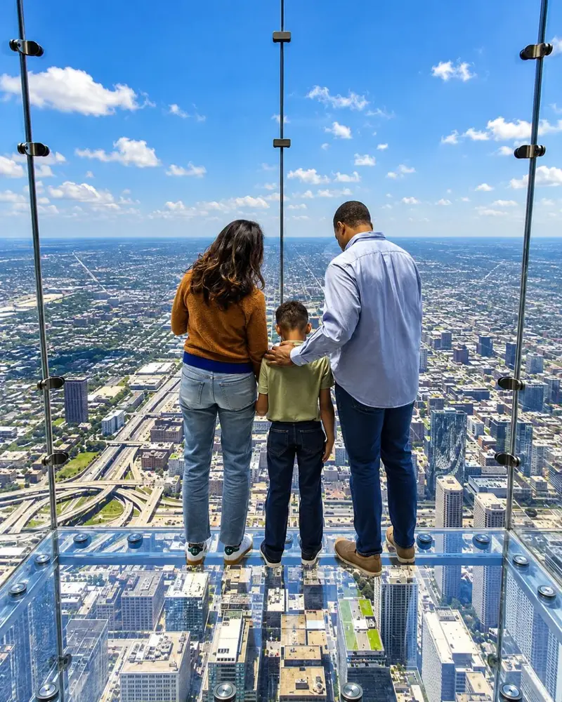 A family standing on The Ledge, a clear glass balcony extending from the Willis Tower Skydeck, looking down at the Chicago skyline 103 floors below.